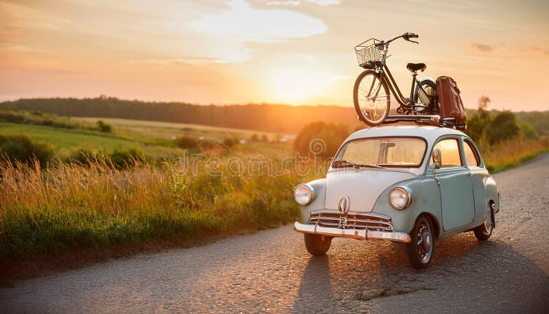 Cute little retro car goes by wonderful countryside road at sunset. vector illustration