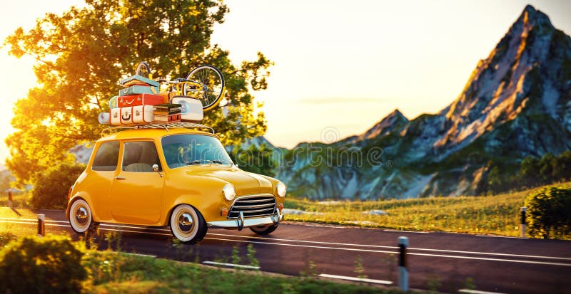 Cute little retro car goes by wonderful countryside road at sunset