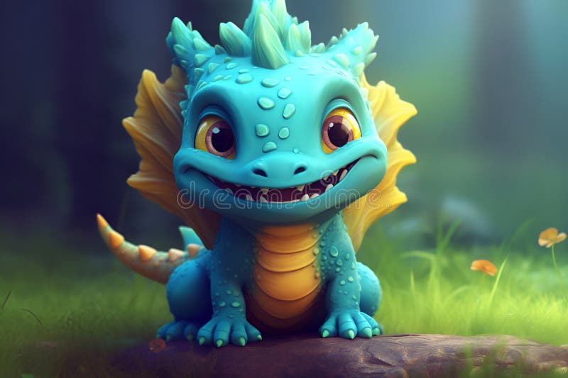 Cute little smily dragon. Cartoon funny baby dragon with wings, tail and horns. Happy fantasy characters head. Young