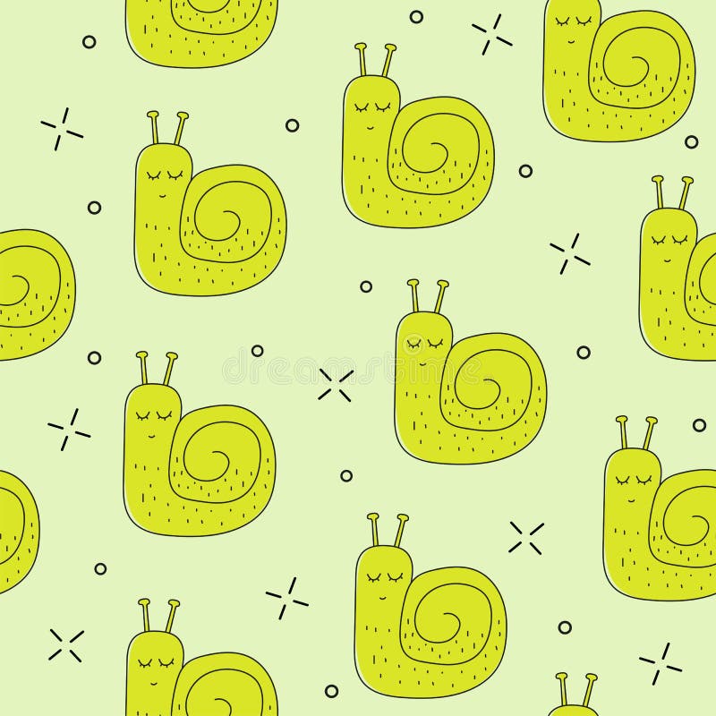 Cute little snail seamless pattern. Fashion kids print. Vector hand drawn