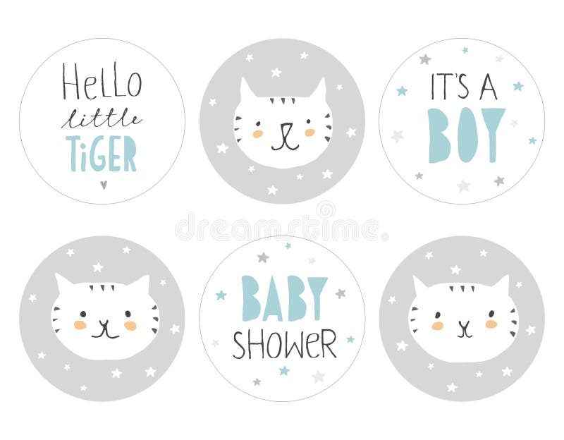 Lovely Baby Shower Round Shape Tag Set. Hello Little Tiger. vector illustration