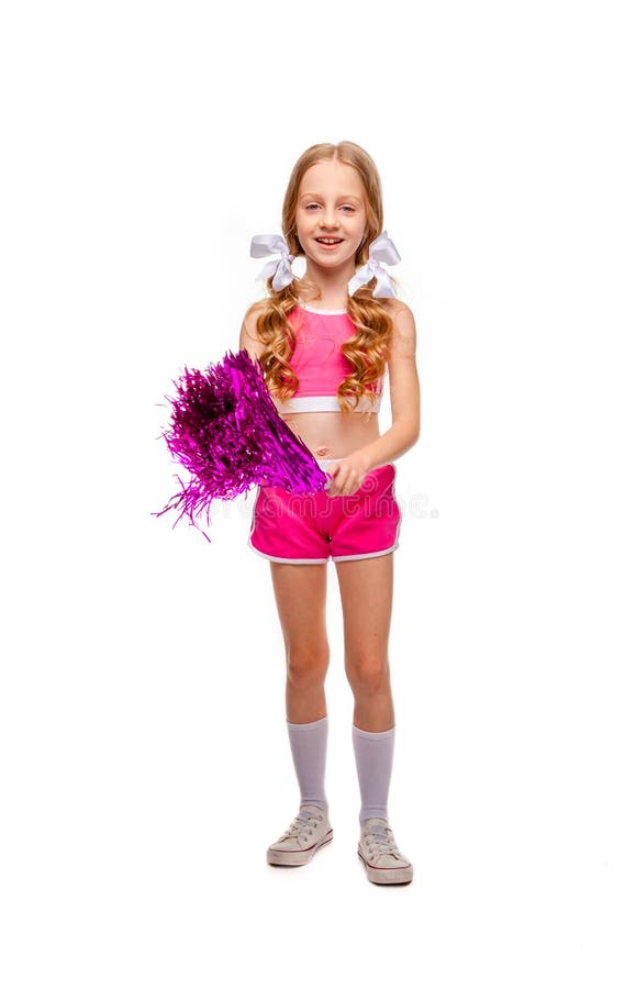 Cute Long Haired Girl In A Pink Top And Cheerleader Clothes Dancing