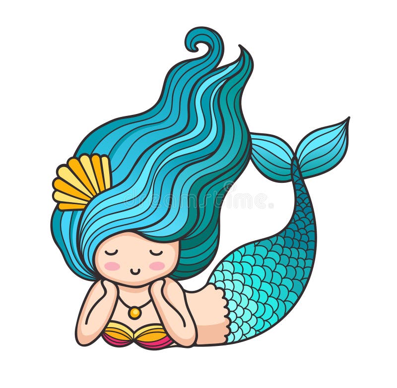 Cute Lying Dreamy Mermaid With Long Wavy Hair, And Fish