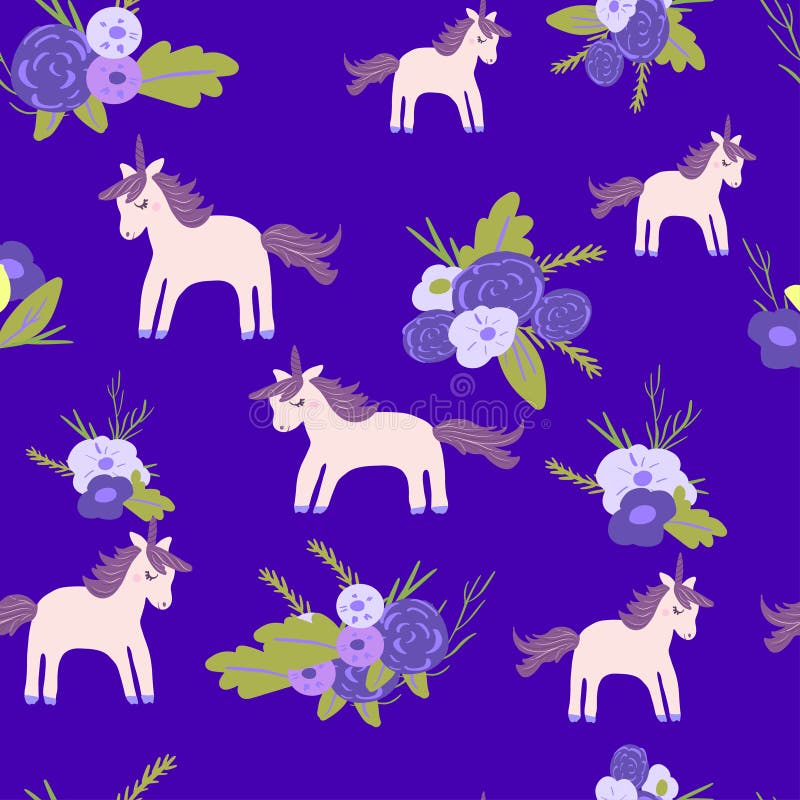 Cute magic Unicorns on a floral background. Vector Romantic hand drawing illustration. Seamless pattern stock illustration
