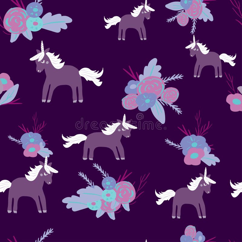 Cute magic Unicorns on a floral background. Vector Romantic hand drawing illustration. Seamless pattern royalty free illustration