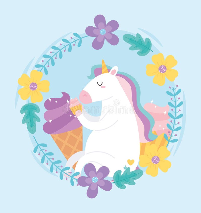 Cute Magical Unicorn Eating Sweet Cupcake In The Sky With Rainbow