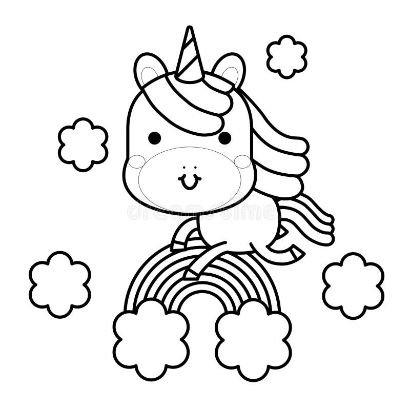 Cute magiczne jednorożce, tęcza i chmury Ilustracja wektora czarno-białego ilustracji