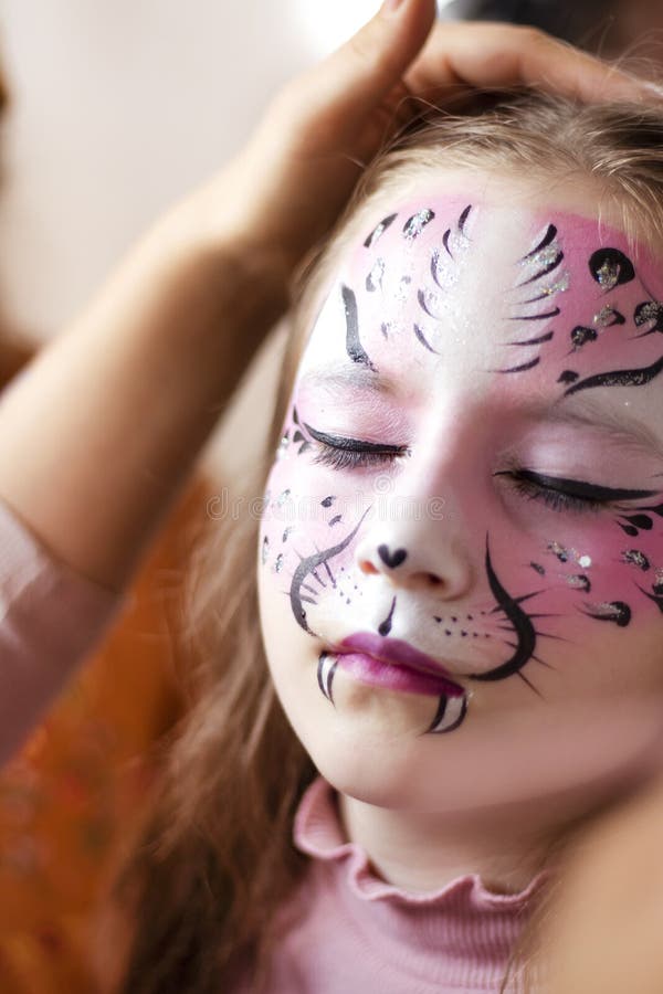 Cute Makeup Little Tiger. Girl Getting Face Painting Outdoors, Stock Image  - Image of coloring, animals: 271637445