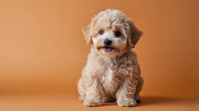 Cute Maltipoo Puppy Posing Sitting on Bright Orange Background Stock Image - Image of looking, studio: 350097171