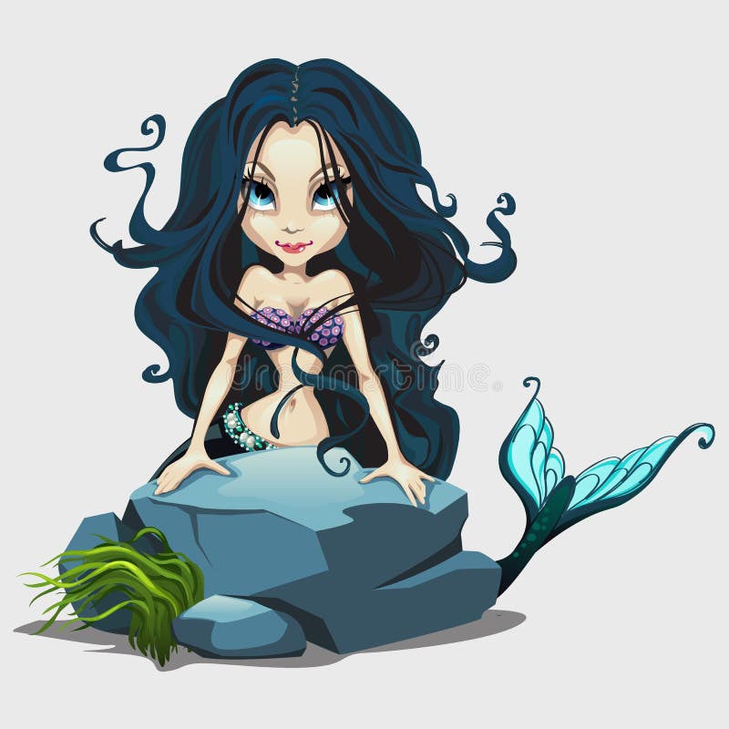 Cute mermaid with long black hair behind a rock