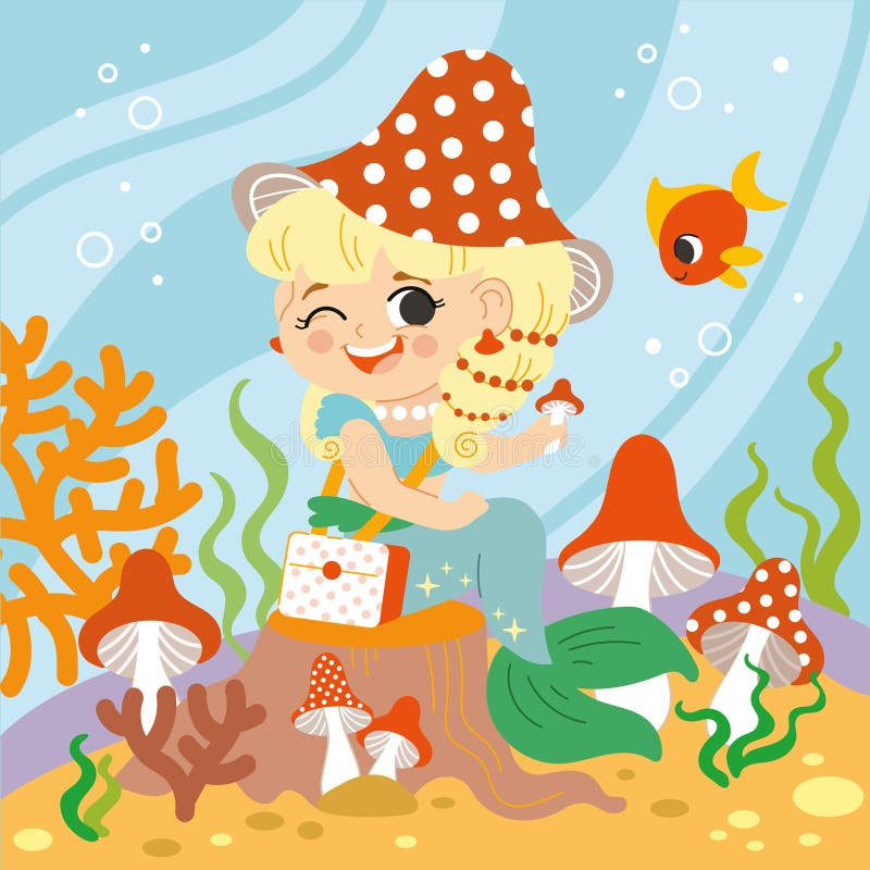 Cute mermaid with mushrooms under the sea vector illustration