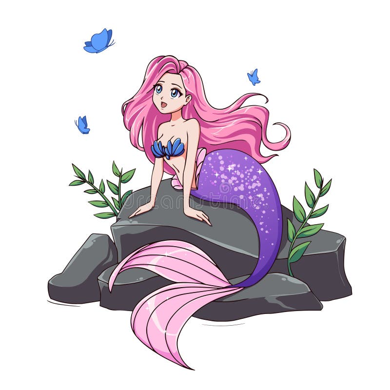 Cute Mermaid with Pink Hair and Violet Tail Sitting on Stone Stock Vector -  Illustration of drawing, cartoon: 155092572