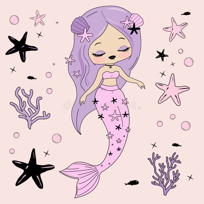 Cute mermaid set with coquette dekorative elements. Kustestetiska symboler för korall och stjärnfisk. Flickstrandfest. stock illustrationer
