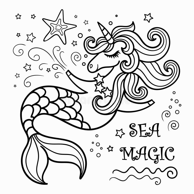 Cute Cartoon Black And White Unicorn Mermaid In The Sea Vector ...