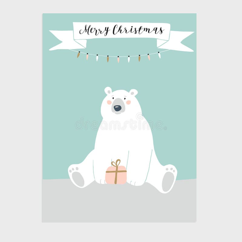 Cute Merry Christmas greeting card, invitation with polar bear holding gift box. Ribbon banner with Christmas lights vector illustration Cute Merry Christmas greeting card, invitation with polar bear holding gift box. Ribbon banner with Christmas lights vector illustration