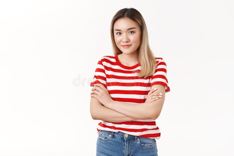 Cute modest asian blong teenage girl sighing watching distance classmate feel sympathy cross fingers chest smiling royalty free stock photos Cute modest asian blong teenage girl sighing watching distance classmate feel sympathy cross fingers chest smiling royalty free stock photos