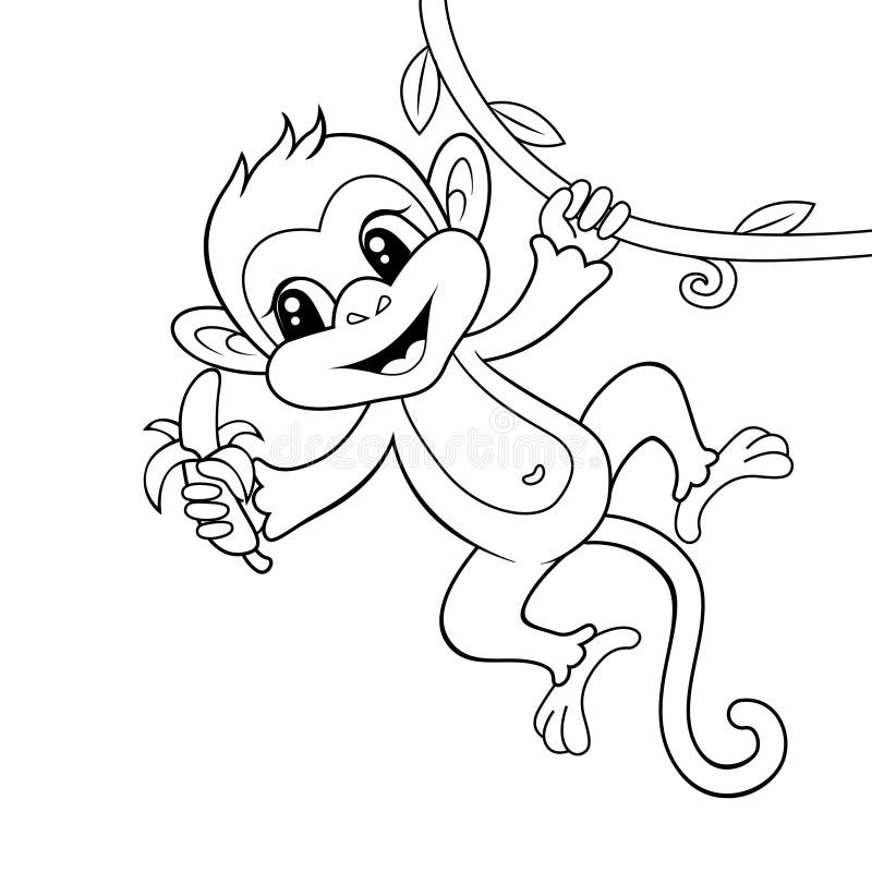 Cute Monkey with Banana. Black and White Vector Illustration for