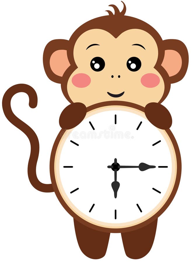Cute monkey with clock inside stock illustration
