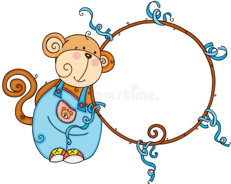 Cute monkey with decorative round frame vector illustration