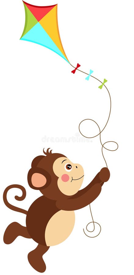 Cute monkey flying with kite stock illustration