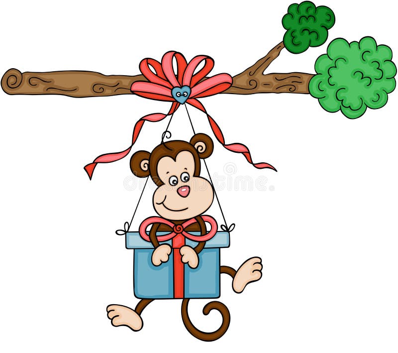 Cute monkey with gift box suspended on branch stock illustration