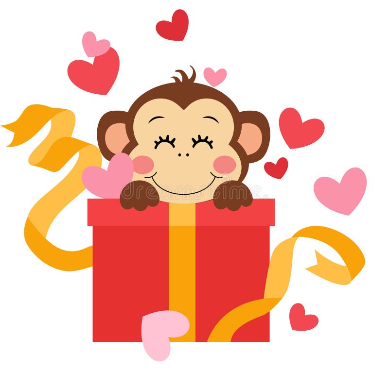 Cute monkey with gift and hearts stock illustration