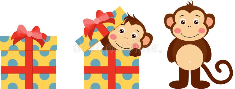 Cute monkey going out of yellow gift with red ribbon bow royalty free illustration