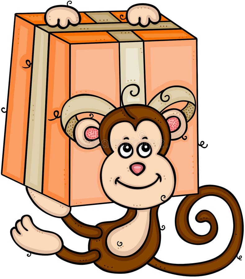 Cute monkey hanging on gift vector illustration