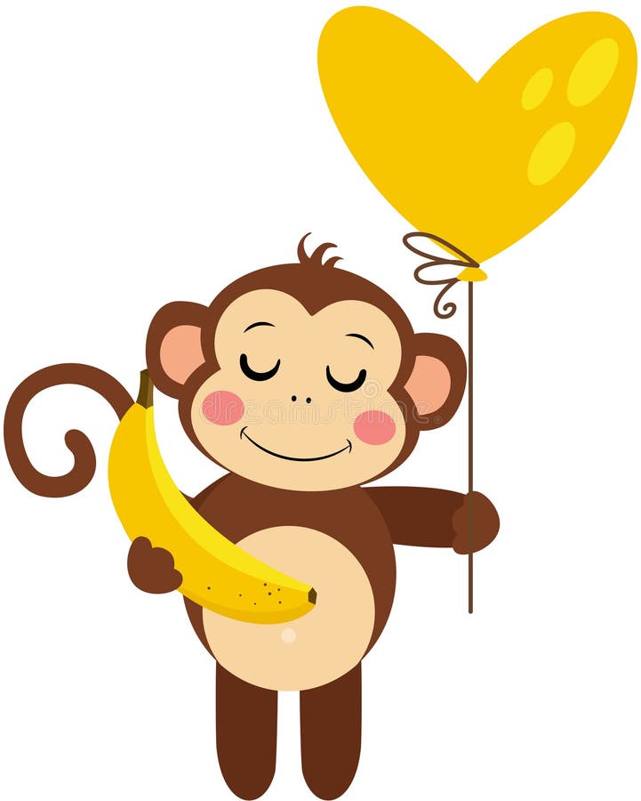 Cute monkey holding a heart balloon and a banana stock illustration