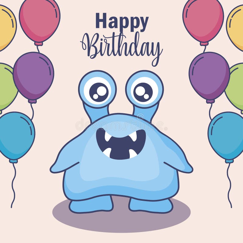 Download Cute Monster With Balloons Helium Birthday Card Stock ...