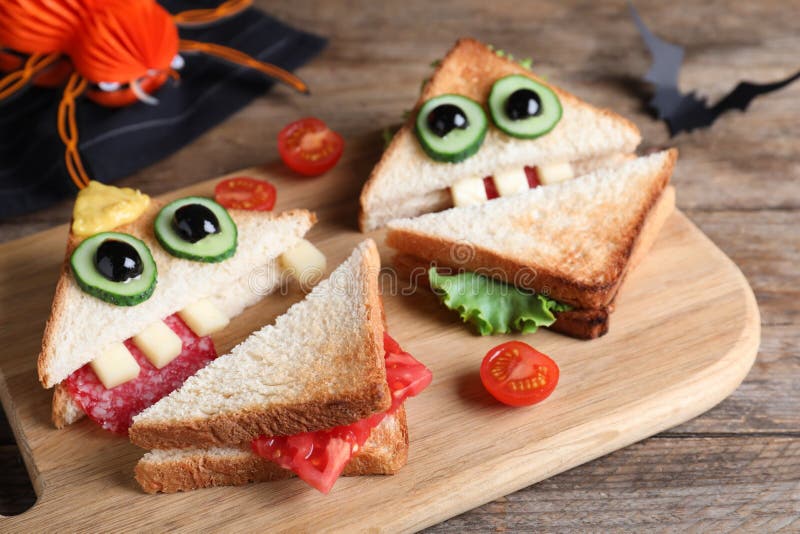 Cute Monster Sandwiches Served On Wooden Board, Closeup. Halloween ...