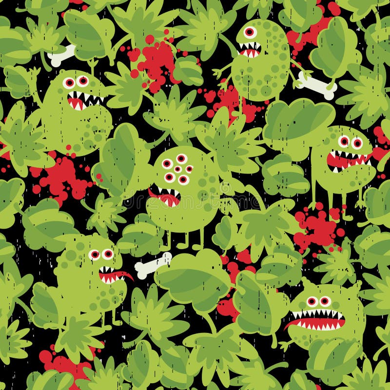 Cute monsters in the grass seamless pattern. stock illustration Cute monsters in the grass seamless pattern. stock illustration