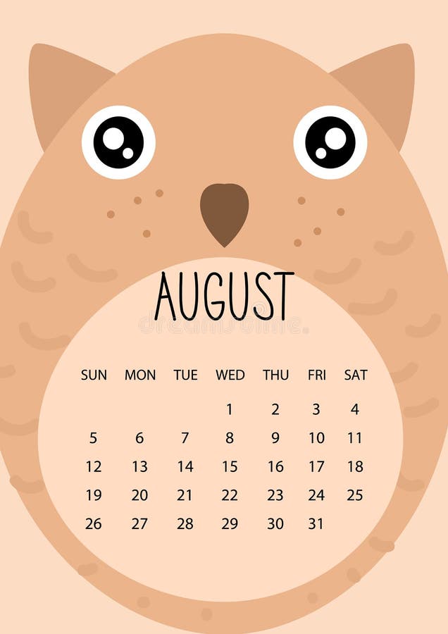 Cute month calendar design for 2018 year. August. A4 format. Vector stock illustration