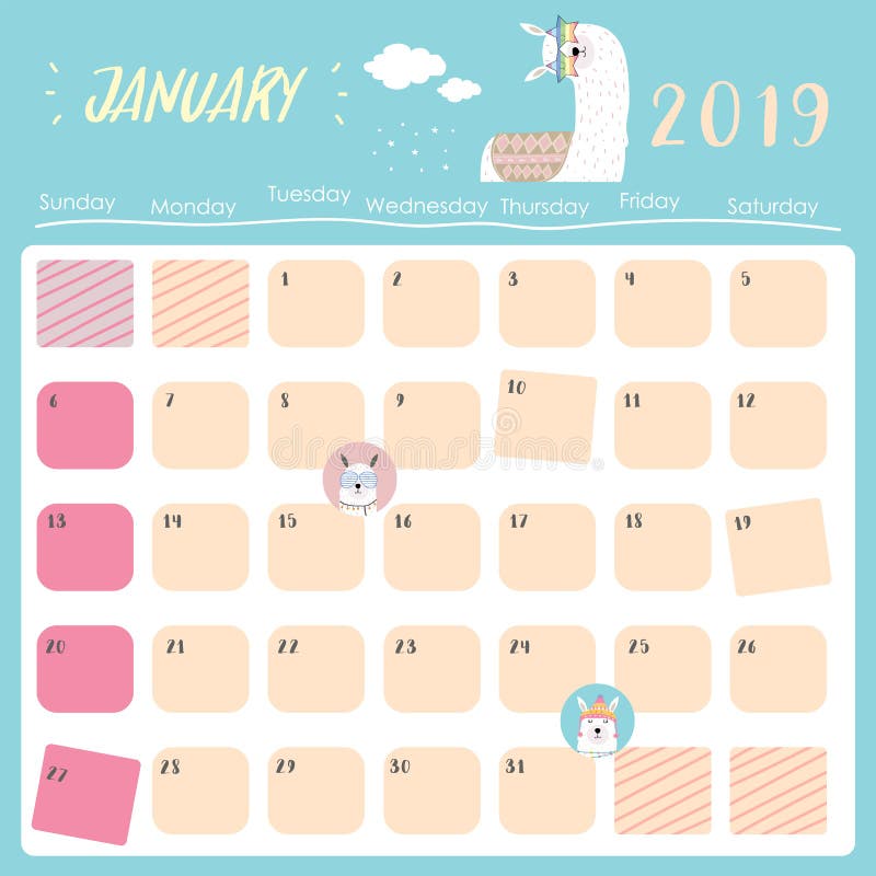 Monthly calendar 2019 with llama,rainbow and star for children.Can be used for web,banner,poster,label and printable