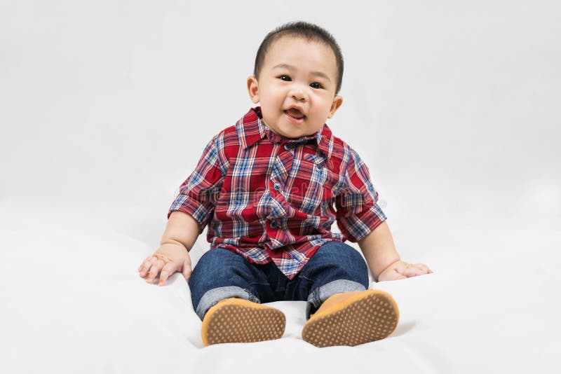 Cute 6-7 Months Little Asian Baby Boy in Casual Outfit and Baby Boots  Sitting on White Blanket Cool and Happily at Home,Stylish Stock Photo -  Image of happiness, colorful: 235477182