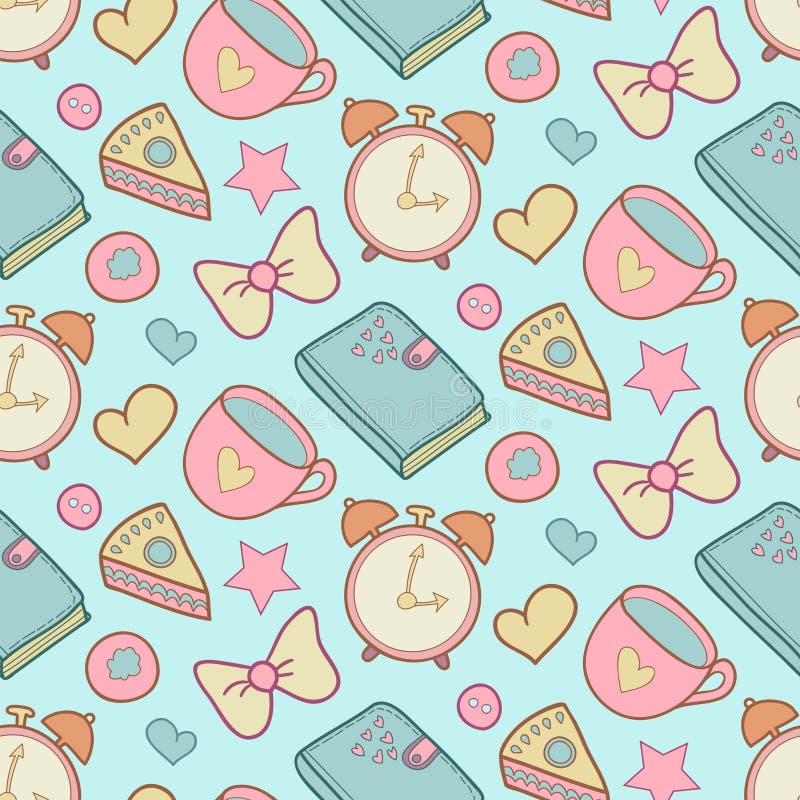 Cute morning vector seamless pattern with cake, heart, cup, notebook and alarm clock. Home elements background. royalty free illustration