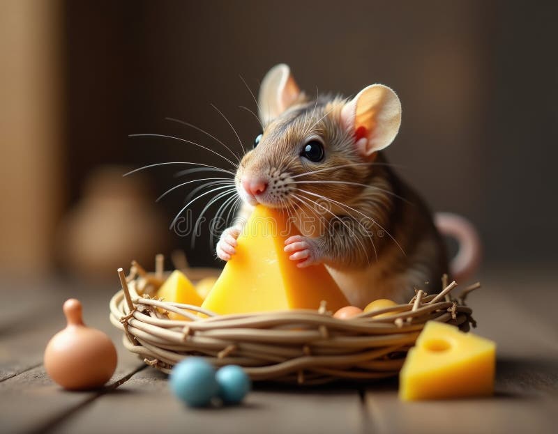 Cute Mouse Eating Cheese in a Nest - Adorable Rodent Stock Photo royalty free illustration
