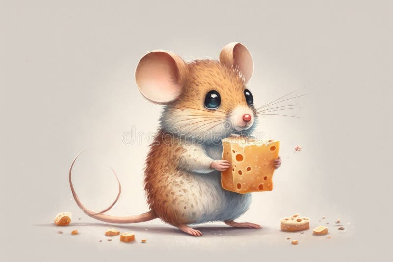 Cute Mouse Nibbling on Piece of Cheese, Surrounded by Wooden Shelves