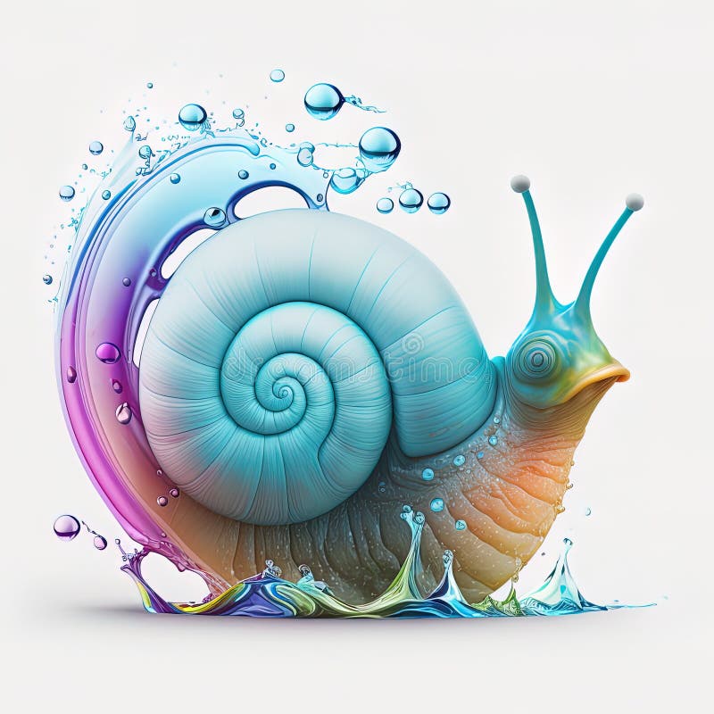 Cute Multicolor Snail with Blue Shell and Splash of Water on White