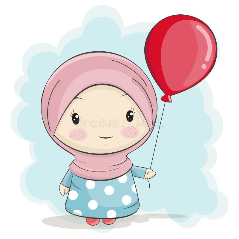 A Cute Muslim  Girl  Cartoon  With Red Balloon Stock Vector 