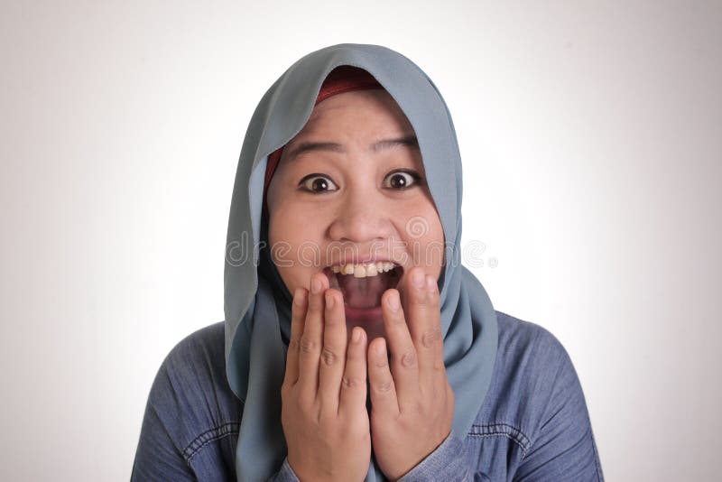 Cute Muslim Lady Shows Shocked Surprised Face With Open Mouth Stock