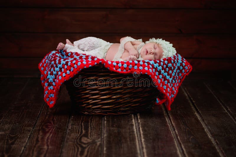 Cute Newborn Baby in the Basket Stock Image Image of human