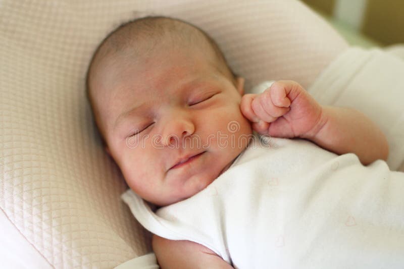 Cute Newborn Baby is Sleeping on Her Bed Stock Photo Image of child