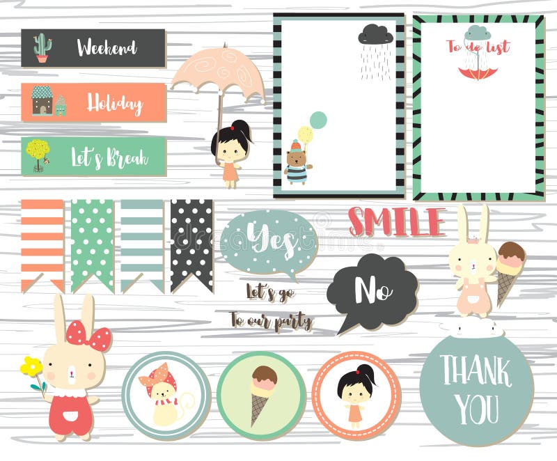 Cute note and sticker with girl,bear,rabbit,ice cream royalty free illustration Cute note and sticker with girl,bear,rabbit,ice cream royalty free illustration