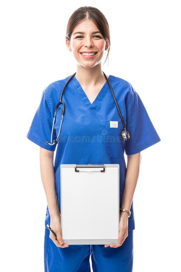 Cute Nurse Showing a Blank Clipboard Stock Image - Image of