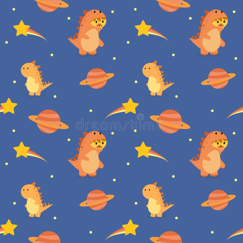 Cute Orange Dinosaur Flying in the Space with Saturn and Star Around Fabric Seamless Cute