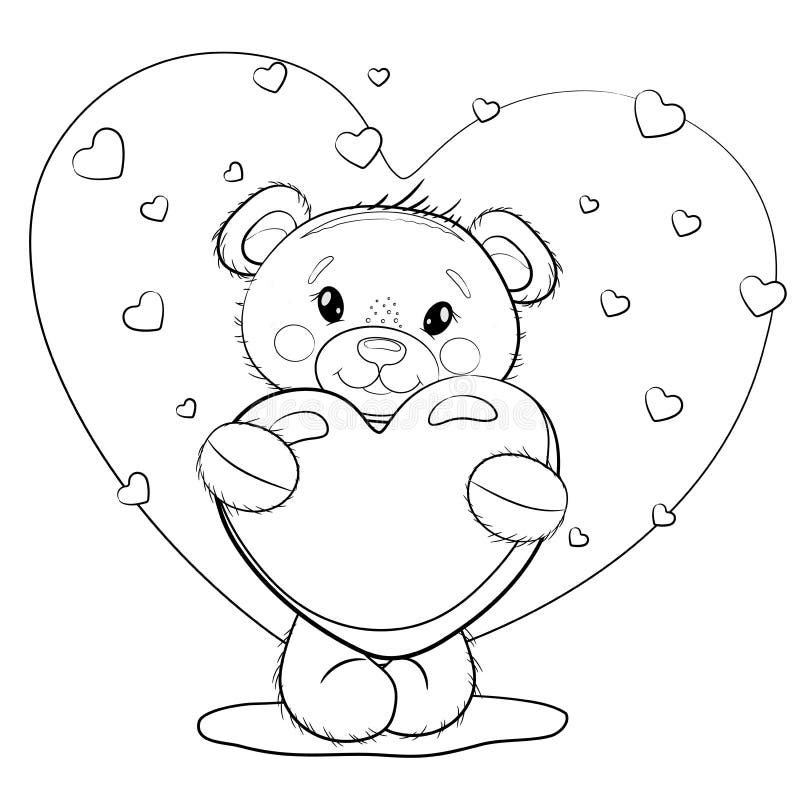 Cute Outline Teddy Bear with a Hear in His Paws. Teddy Bear on a White ...