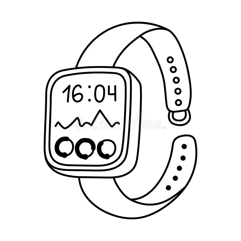 Cute outline wrist smart watch and fitness tracker showing day activity, steps, heartbeat. Intelligence device with stock illustration
