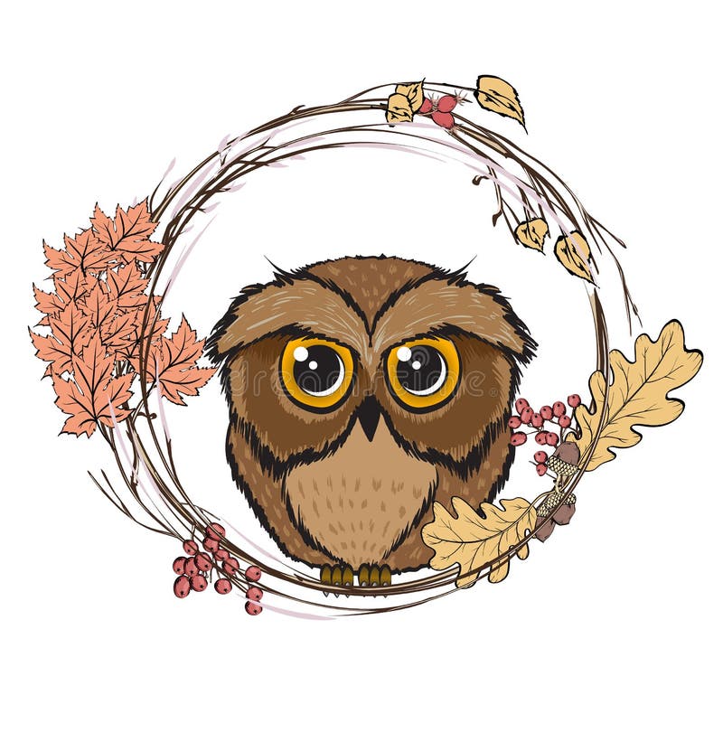 Cute Owl with Autumn Leaves. Character Owl, Autumn. Simple Doodle ...
