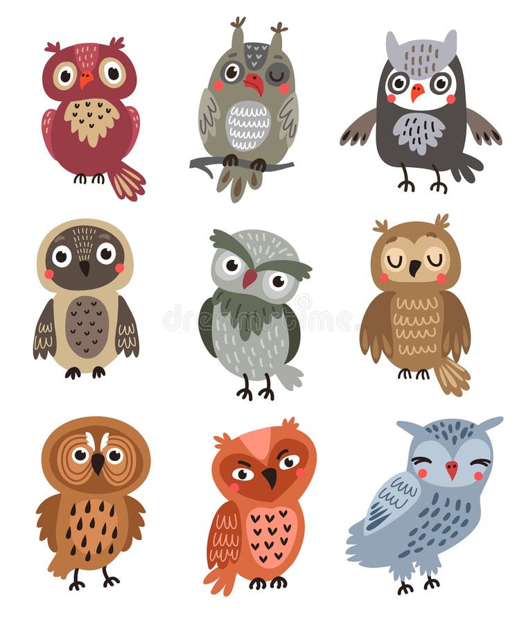 Cute owls Set of vector birds. stock illustration Cute owls Set of vector birds. stock illustration